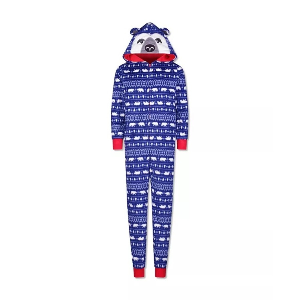 Max & Olivia Big Kids Holiday Hooded Bear Theme Zip-Up One piece Pajama 12-14 Bl